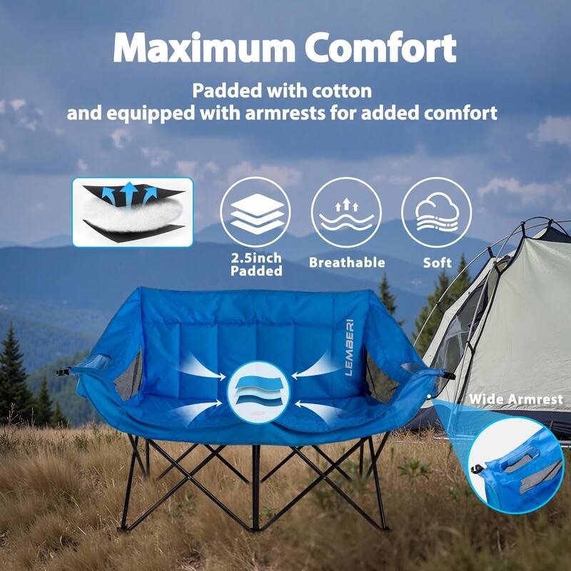 BOSSIN Double Outdoor Camping Chair - Heavy-Duty 650lb XL Folding Loveseat with Cup Holders, Back Storage & Carry Strap