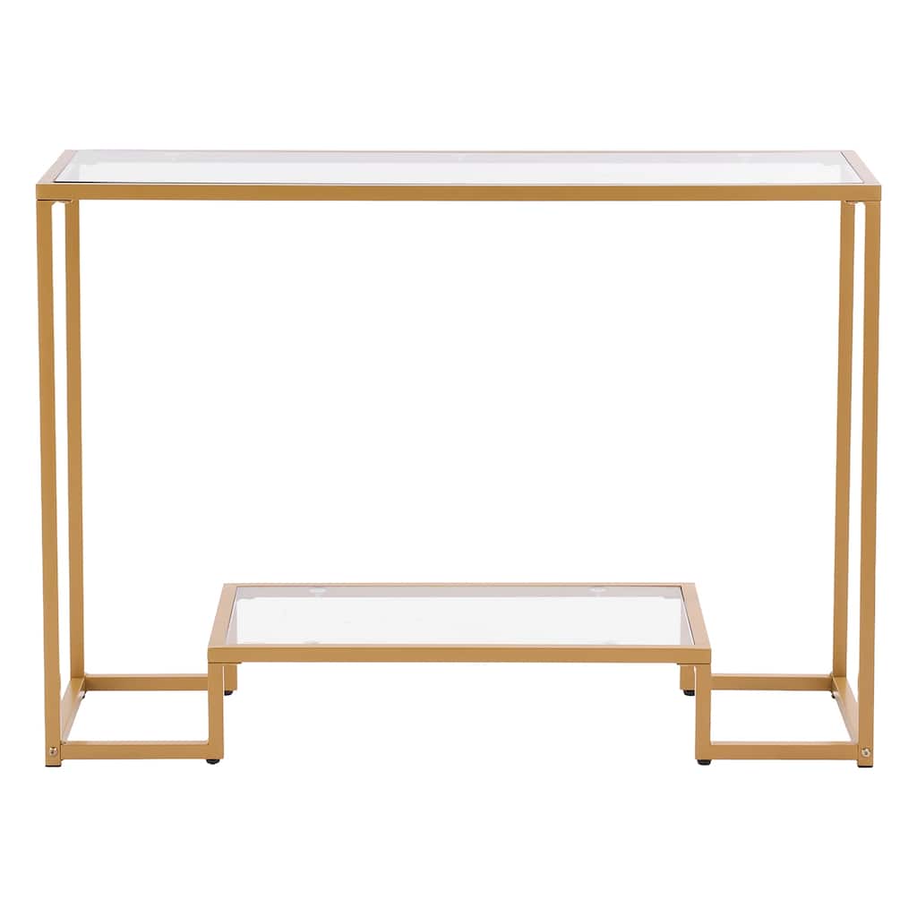 2-Tier Modern Rectangle Console Table with Tempered Glass Top, Iron Legs & Anti-Tip Device