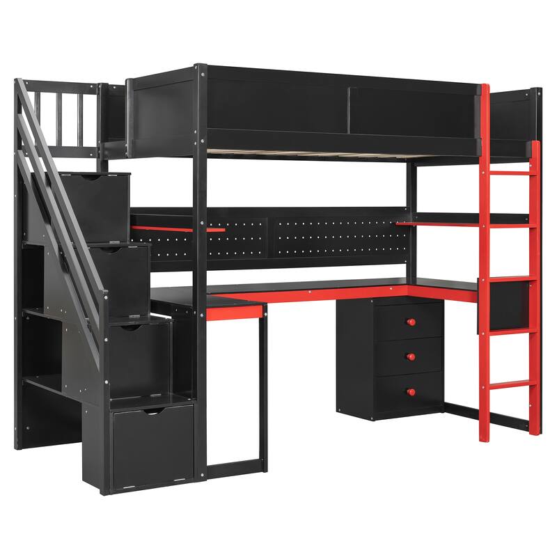 Gaming Loft Bed with Recessed Table Cabinet Pegboard Storage Stairs