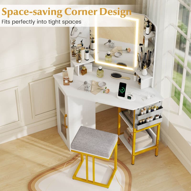 Costway Corner Vanity Desk with Mirror Lights Triple Mirror 3 Lighting - See Details