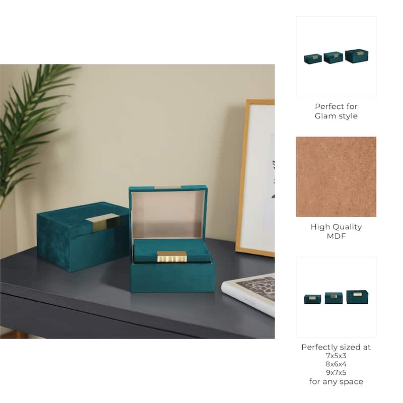 Wood & Velvet Storage Boxes with Gold Accents, Set of 3 - 9" x 7" x 5"