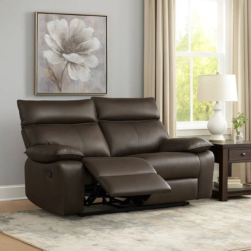 Ozy Manual Recliner Loveseat, 64 Inch, Contemporary Brown Grain Leather
