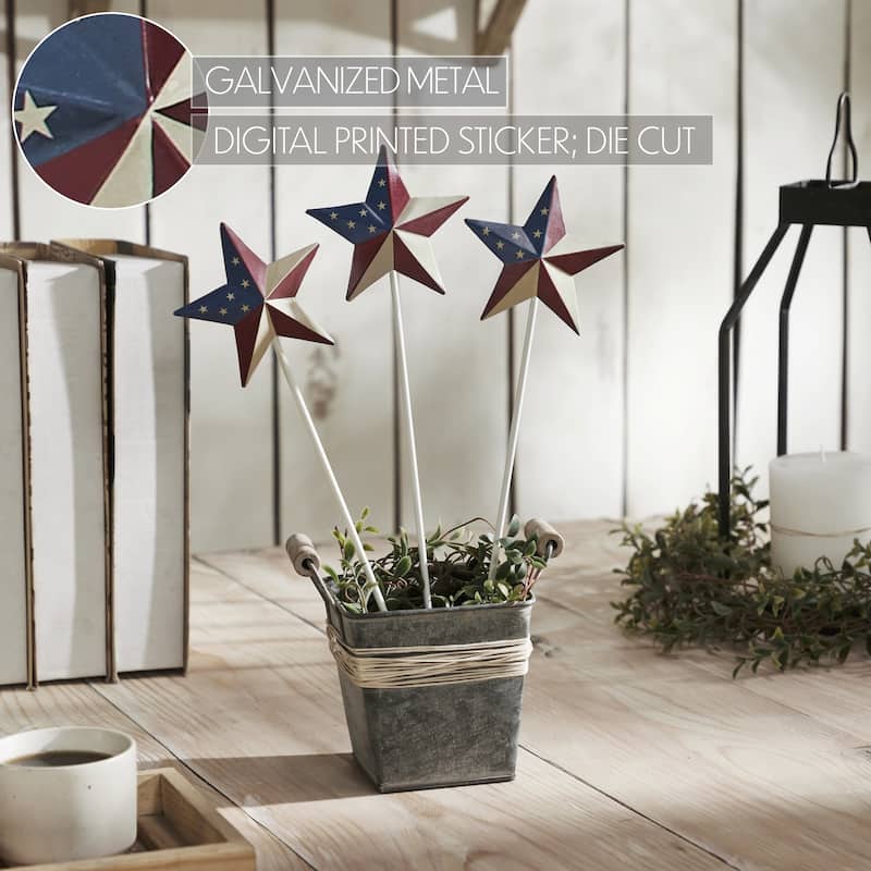 Painted Metal American Flag Theme Star on Pick Set of 3 12x3.5