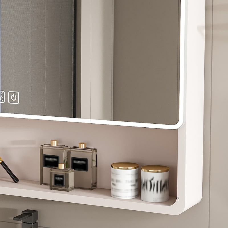 White Aluminum Bathroom Cabinet with LED Mirror and Defogging Glass and Large Storage Shelves - 35" x 28"