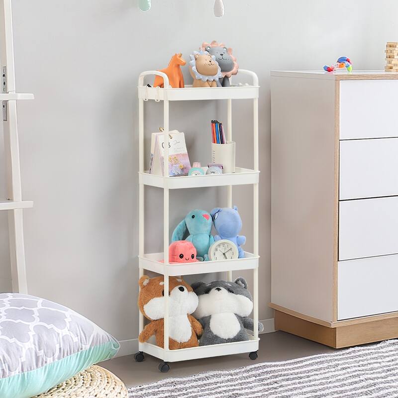 Storage Cart, Shelf Organizer Mobile Shelving, Multifunction Movable Storage Organizer - 4-Tier White