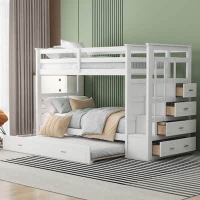 Solid Wood Bunk Bed with Trundle and Staircase