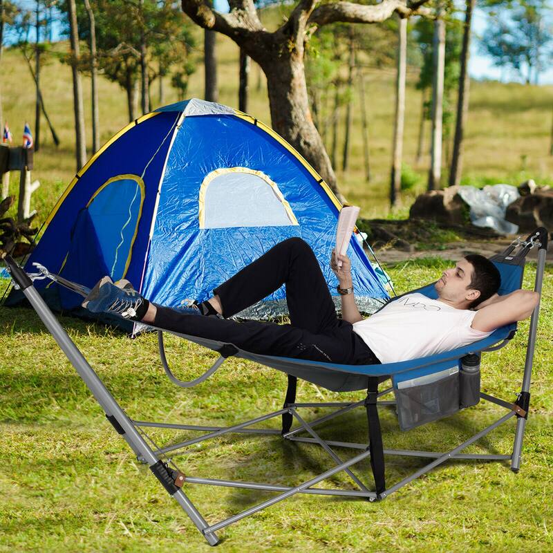 Gymax Folding Hammock Indoor & Outdoor Hammock with Side Pocket & Iron