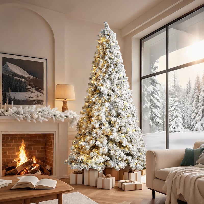Glitzhome 6FT/7.5FT/9FT/11FT Snow Flocked Pre-lit Artificial Fir Christmas Trees