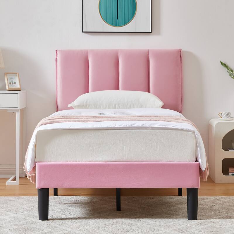 VECELO Pink Tufted Upholstered Platform Bed Frame with Adjustable Height Headboard Twin/Full/Queen Size Beds - Twin