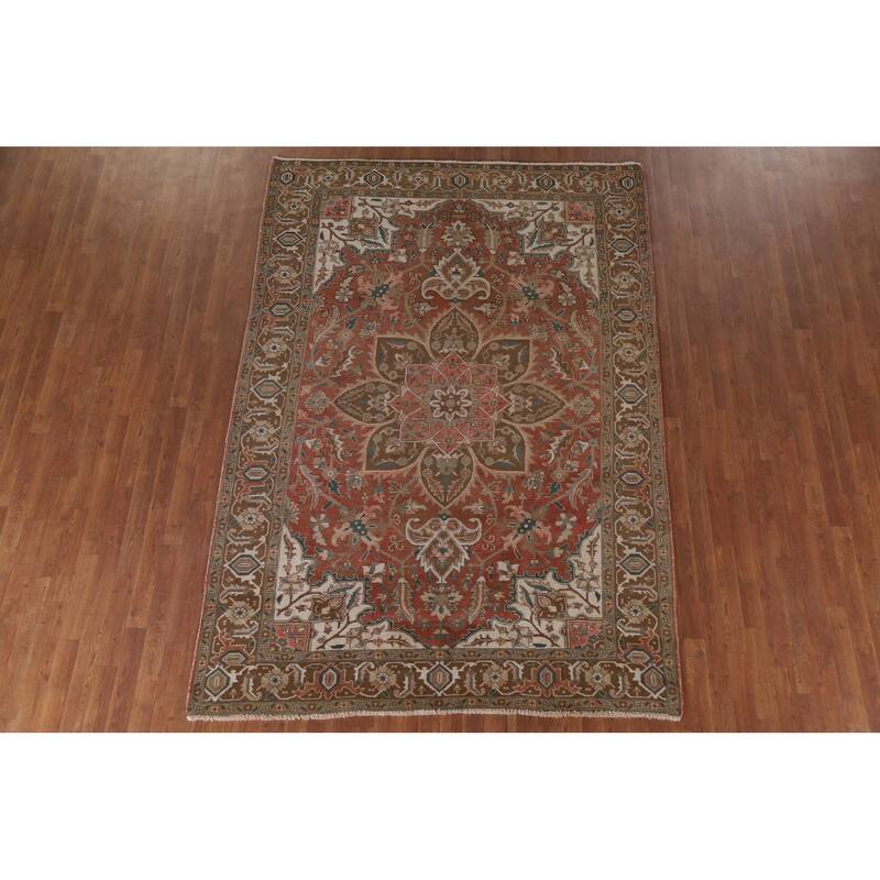 Hand Knotted Oriental 100% Wool Carpet Traditional Floral Red Heriz Area Rug - 9' 3'' X 6' 4''