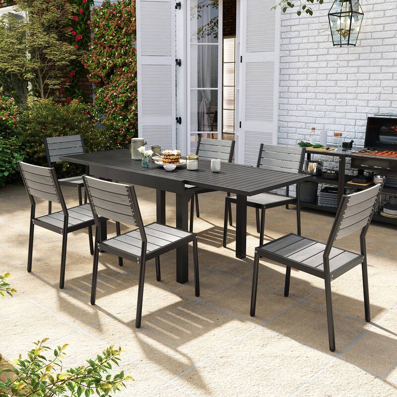Pellebant 5/7/9 Pieces Patio Dining Set with Expandable Outdoor Dining Table and Chairs - Black Table with 6 Grey Chairs