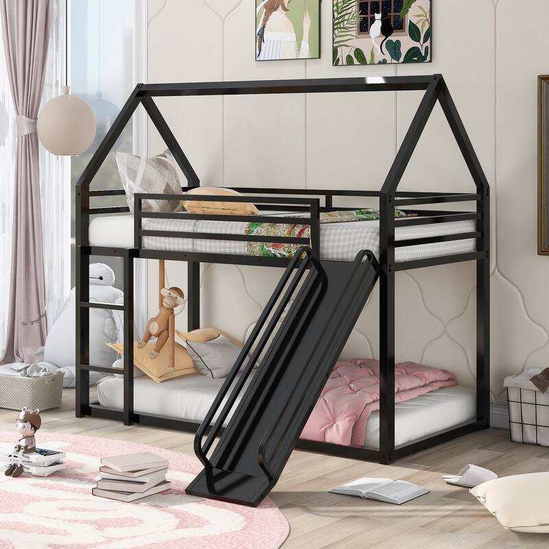 Twin Over Twin House Bunk Bed with Ladder and Slide, Black - Black