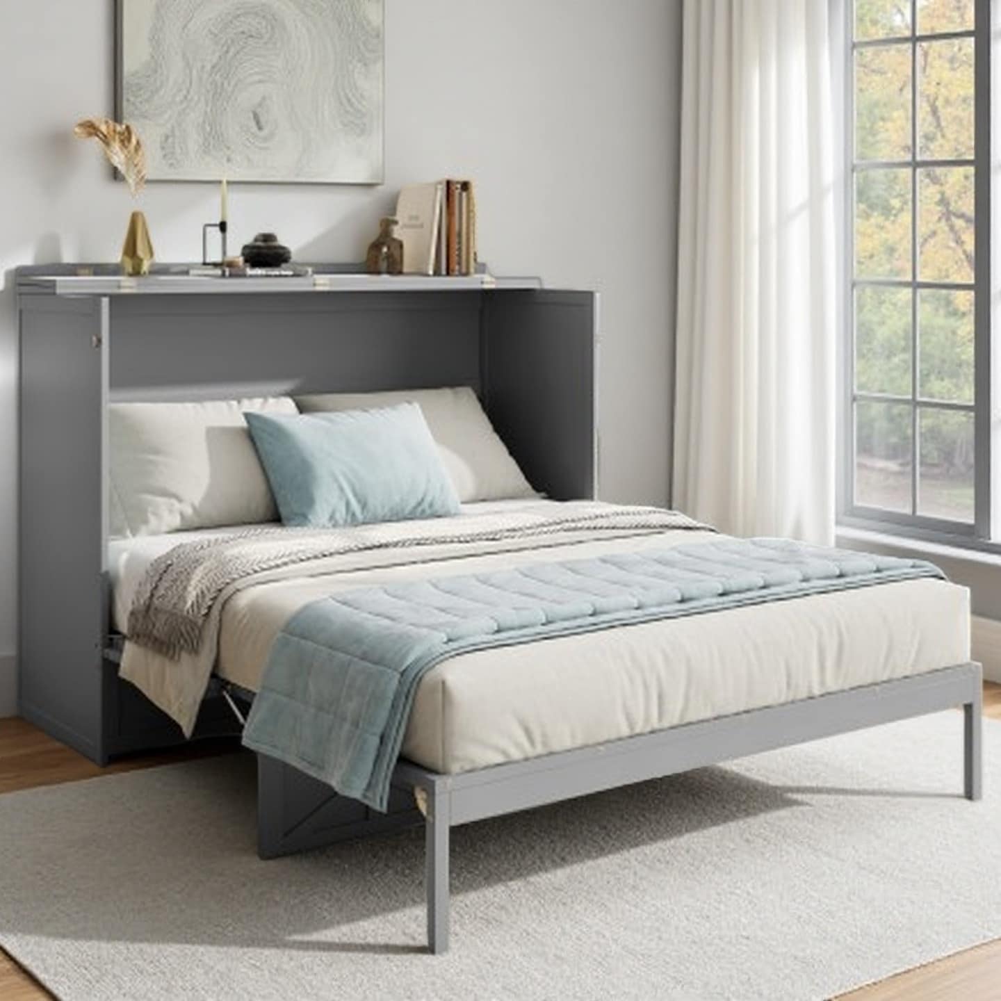 Queen Size Space-Saving Murphy Bed with Built-In Storage Drawers and USB Ports, Brushed Gray Convertible Wall Bed