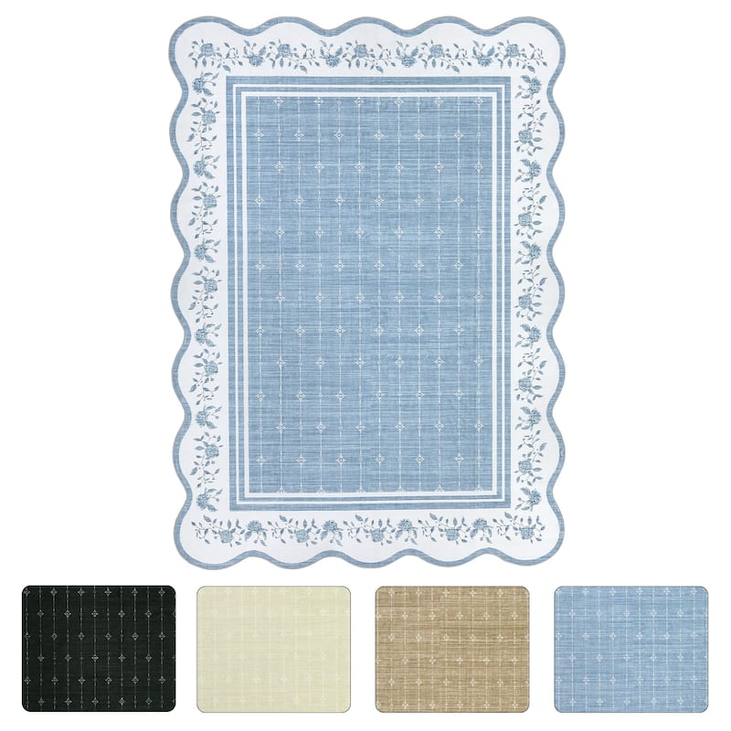 Garvee Scalloped Rose Floral Bordered Area Rug