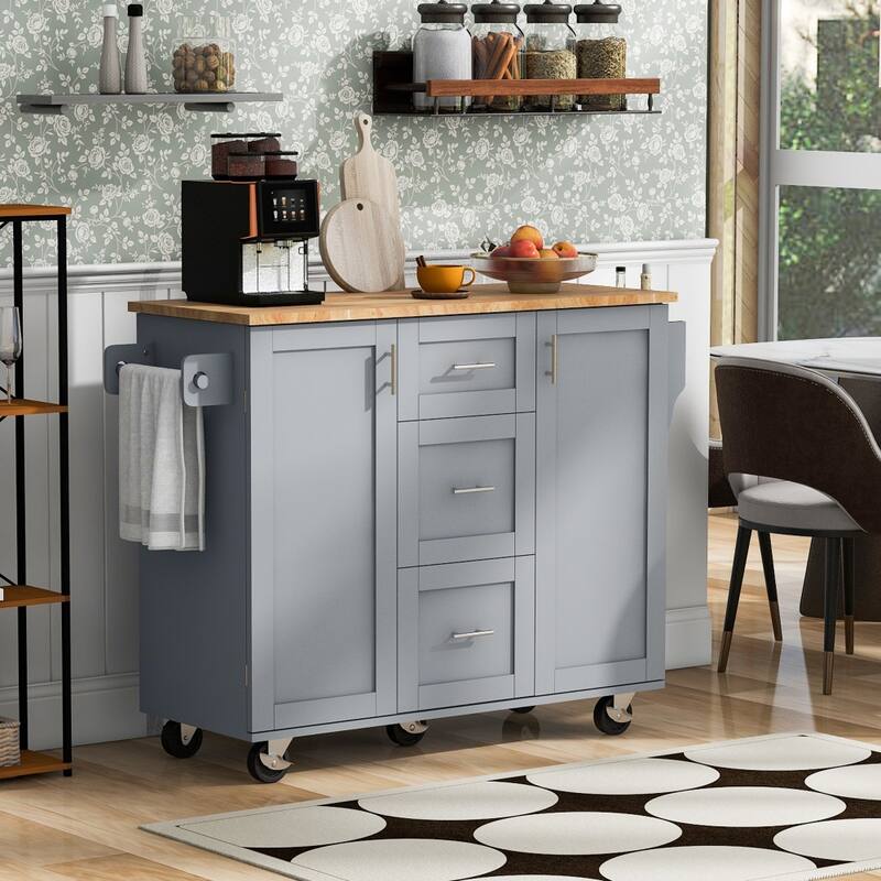 50 in. W Kitchen Island Rubberwood Top on 5 Wheels with 3 Drawers and 2 Slide-Out Shelf - Grey Blue