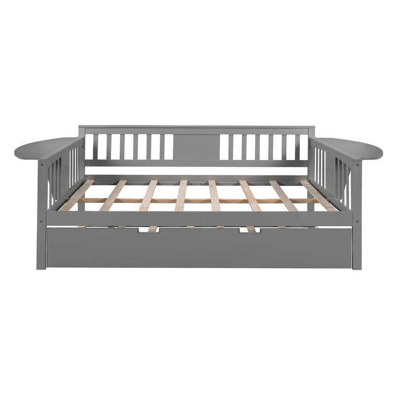 Wooden Daybed with Trundle Bed & Slatted Support, Dual-Use Sturdy Sofa Bed for Bedroom or Living Room