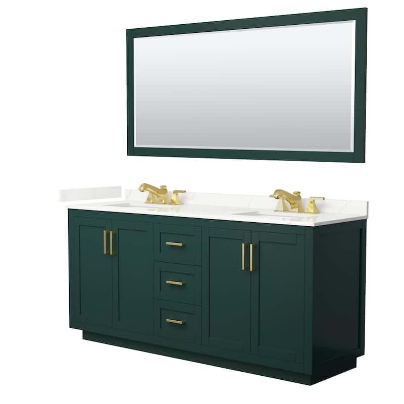 Miranda 72-inch Double Vanity, Quartz Top, 70-inch Mirror - Green, Gold Trim, Giotto Quartz Top