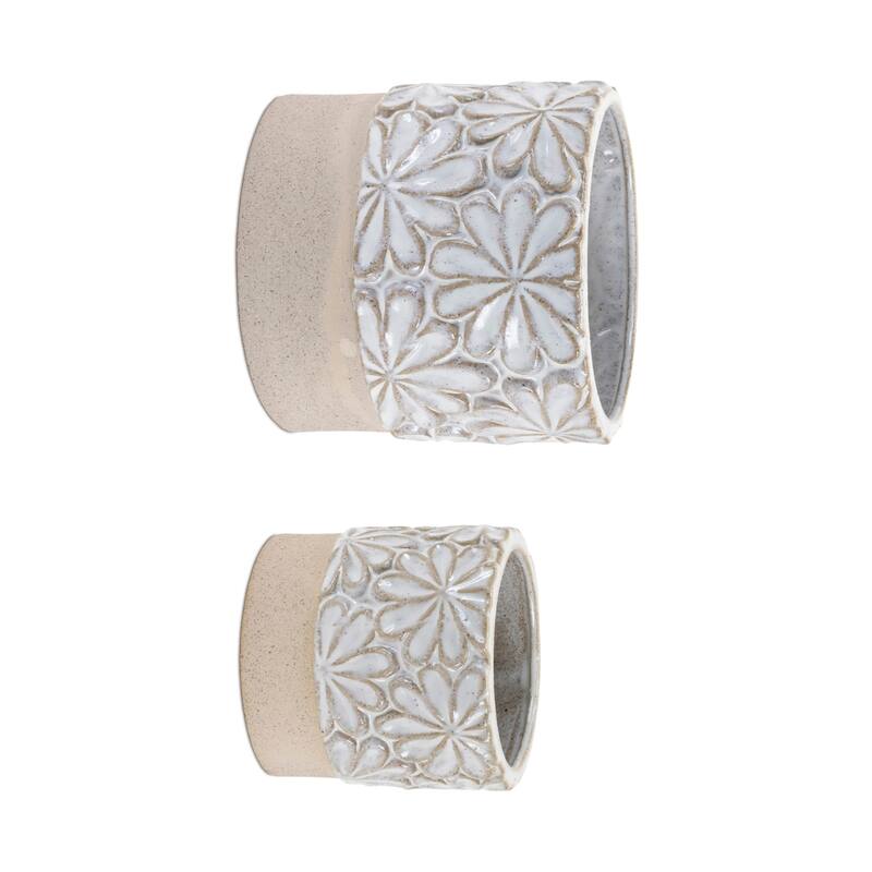 Ceramic Floral Planters - 6" - Gray and Beige - Set of 2