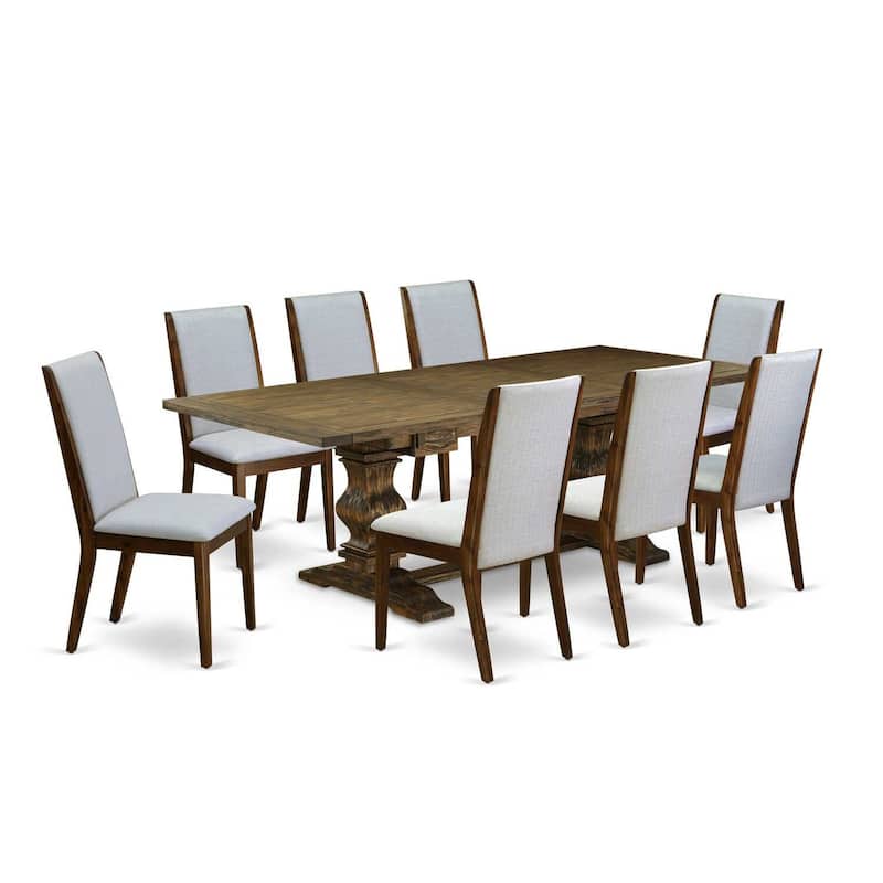 Modern 9-Piece Dining Set - Gray Linen Fabric Chairs & Antique Walnut Table