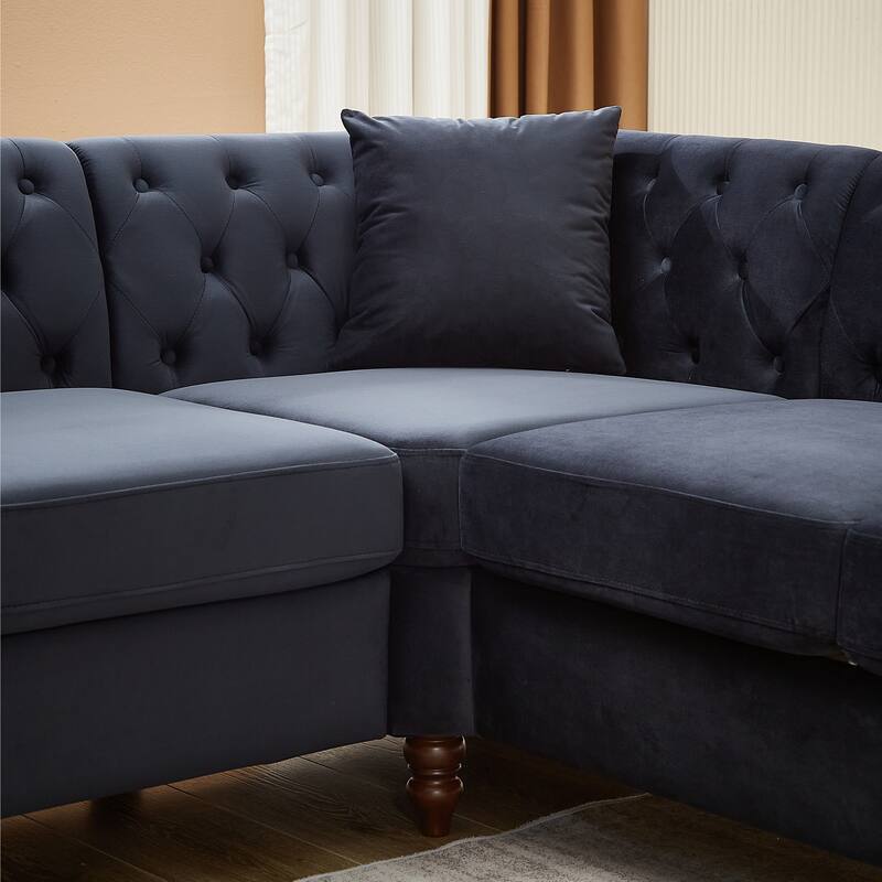 L-shape Corner Sectional Sofa with Button Tufted Back and 3 Pillows