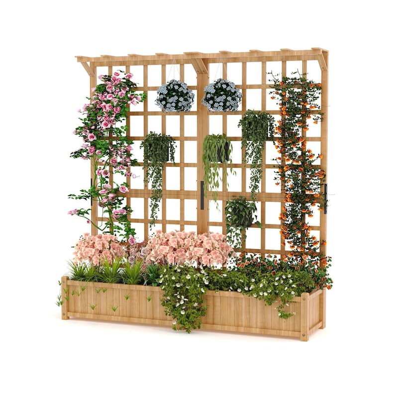 Two-Tier Wooden Garden Planter with Trellis, Hanging Roof & 8 Drainage Holes - Yellow