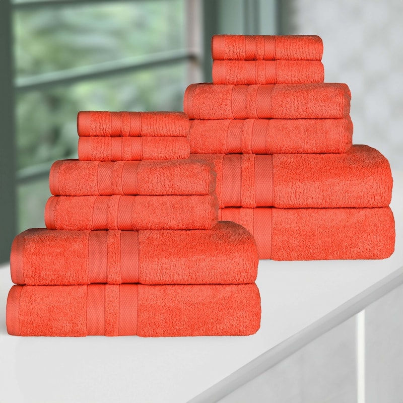 Superior Ultra-Soft Cotton Solid Quick-Drying 12 Piece Towel Set - Tangerine