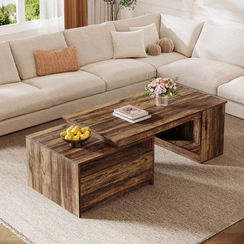 Wooden Extendable Coffee Table with Storage for Living Room - Rustic Brown