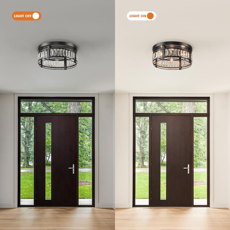 13.3" Modern Black 3-Light Crystal Hallway Flush Mount Chandelier