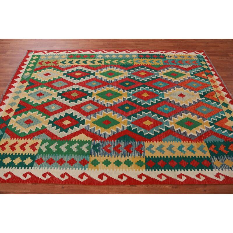 Hand Woven Oriental 100% Wool Carpet Southwestern All-Over Multi-Colored Kilim Area Rug - 7' 9'' X 5' 10''