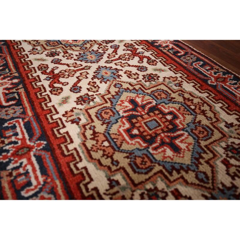 Ivory Geometric Heriz Serapi Oriental Runner Rug Handmade Wool Carpet - 2'7"x 8'1"