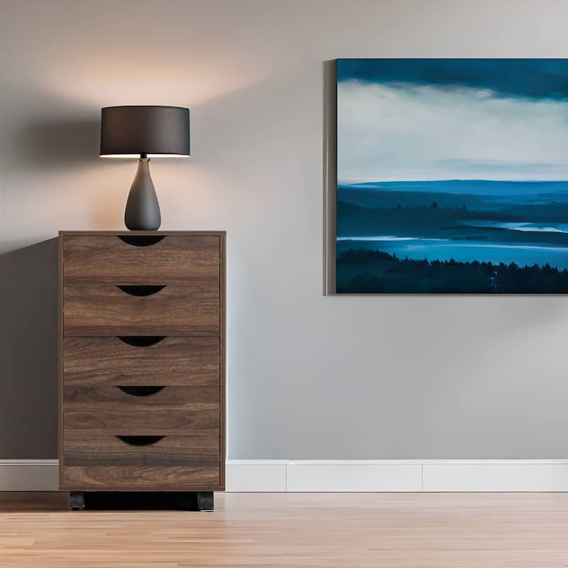 Portable Wooden 5-Drawer Cabinet with 360° Wheels, Easy Pullout Design, and Extra Top Storage