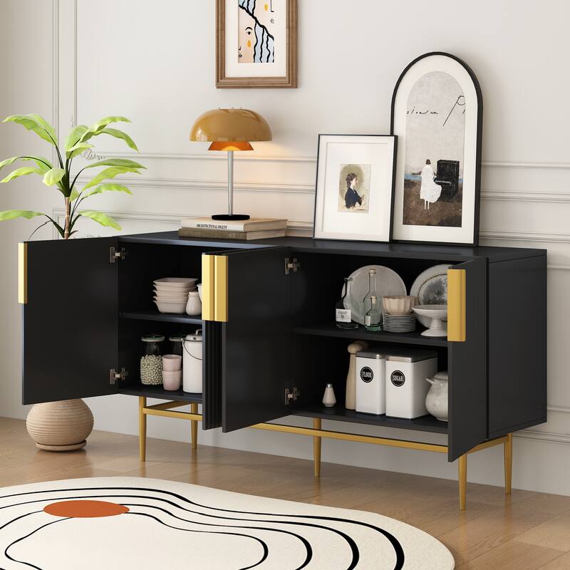 Elegant 4-Door Sideboard Buffet Cabinet with Gold Handles & Adjustable Shelves for Living Room Storage