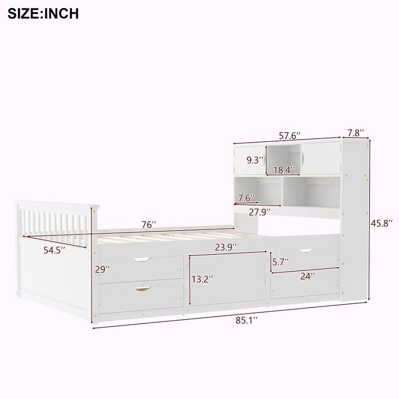 Captain Platform Bed Frame with Storage Bookcases, Shelves & Four Drawers