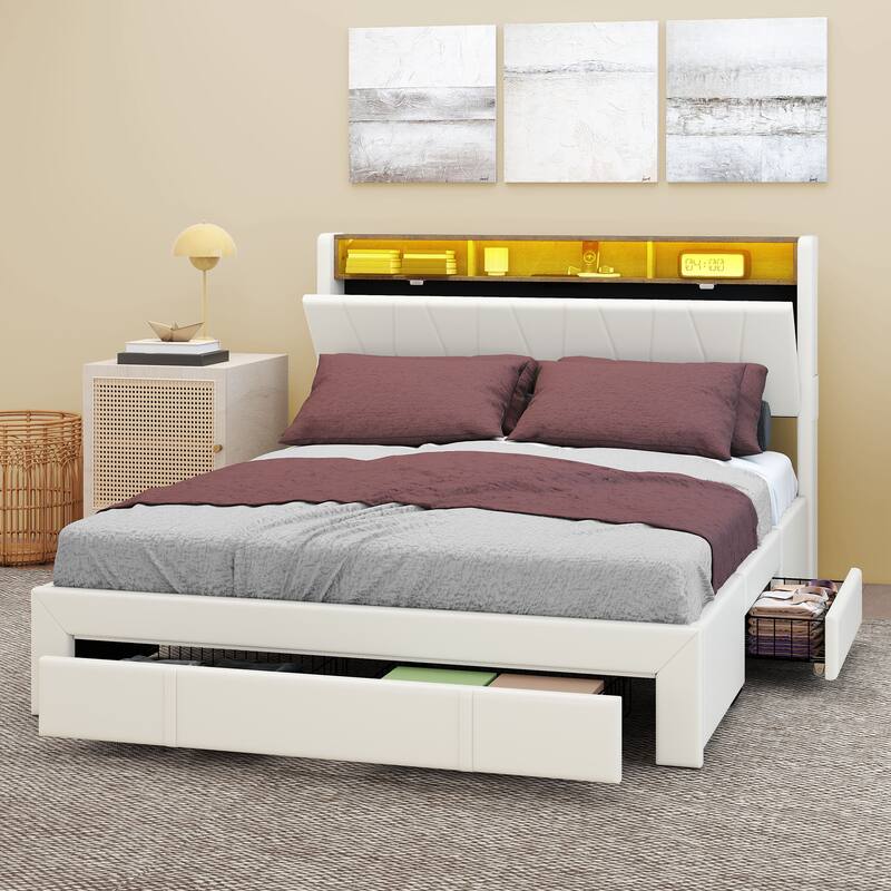Upholstered Storage Bed with 5 Storage Drawers LED Headboard USB Ports - Beige - King