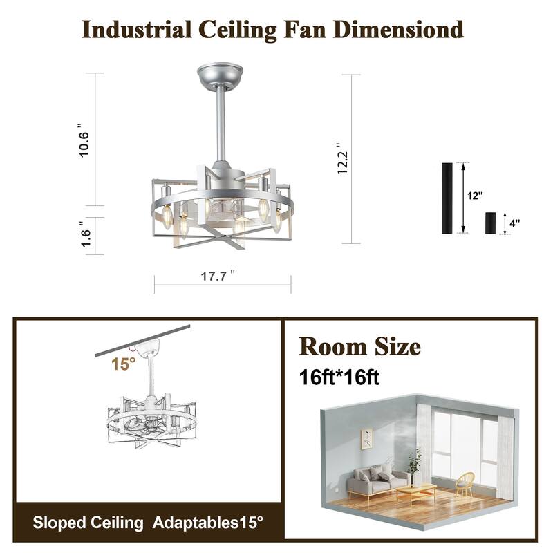 18" Industrial Metal Caged Ceiling Fan with Remote and Light Kit 6-speed Reverisble Chandelier - 17.7 Inch