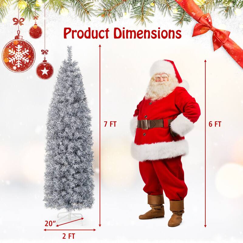 Gymax 7ft Pre-Lit Artificial Christmas Tree Hinged Slim Pencil Xmas