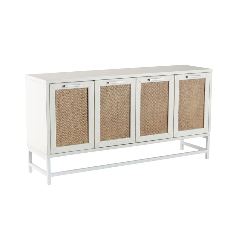 Wooden 4 Door Sideboard with Brown Woven Rattan Doors and Metal Base - White - Roche River Decor - 16"W x 60"L x 31"H