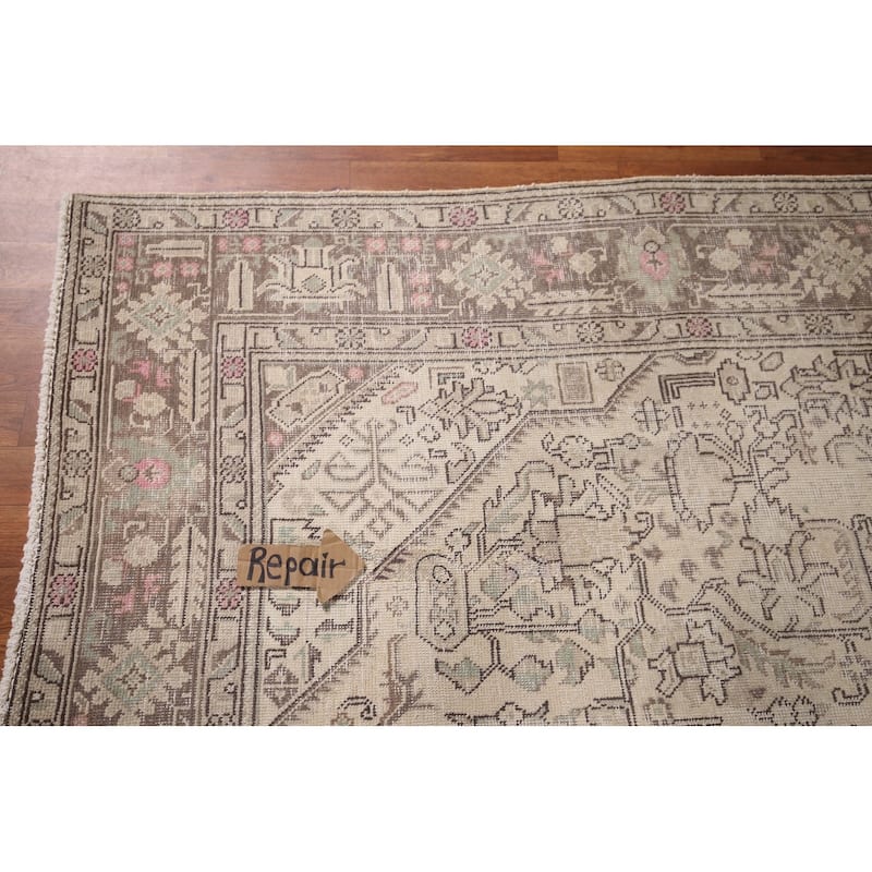 Distressed Tabriz Vintage Persian Rug Handmade Medallion Wool Carpet - 6'5" x 9'2"