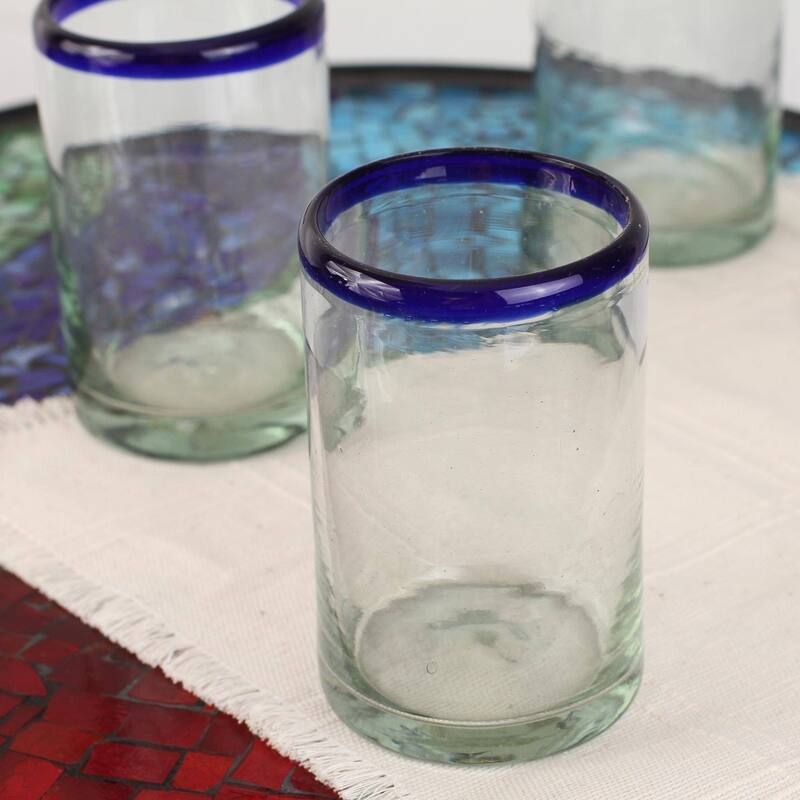 Handmade Blue Rim Glass Classic Drinking Set of 6 Glasses (Mexico ...