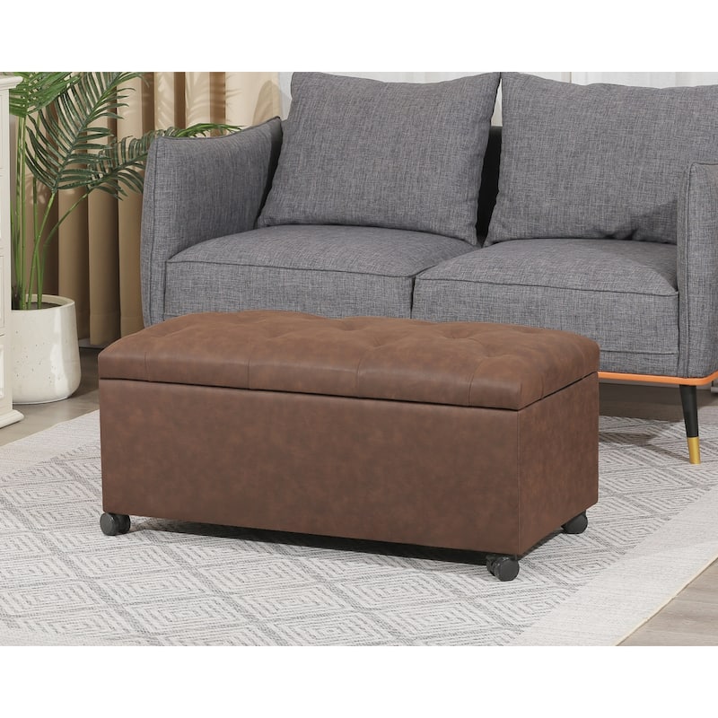 Adeco 35" Storage Ottoman Tufted Faux-Leather Lifted Top Bench - Chocolate-Brown-With-Casters