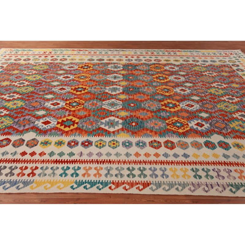 Kilim Oriental Area Rug Hand-Woven Geometric Wool Carpet - 10'3"x 13'1"