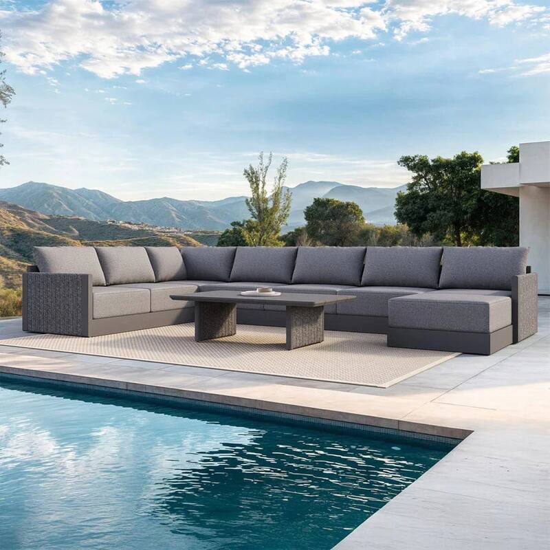 PURPLE LEAF Sanori Patio Conversation Set with Grey Ottoman and Cushion Patio Sofas Sectional Set for Poolside Graden - 8+1-Piece