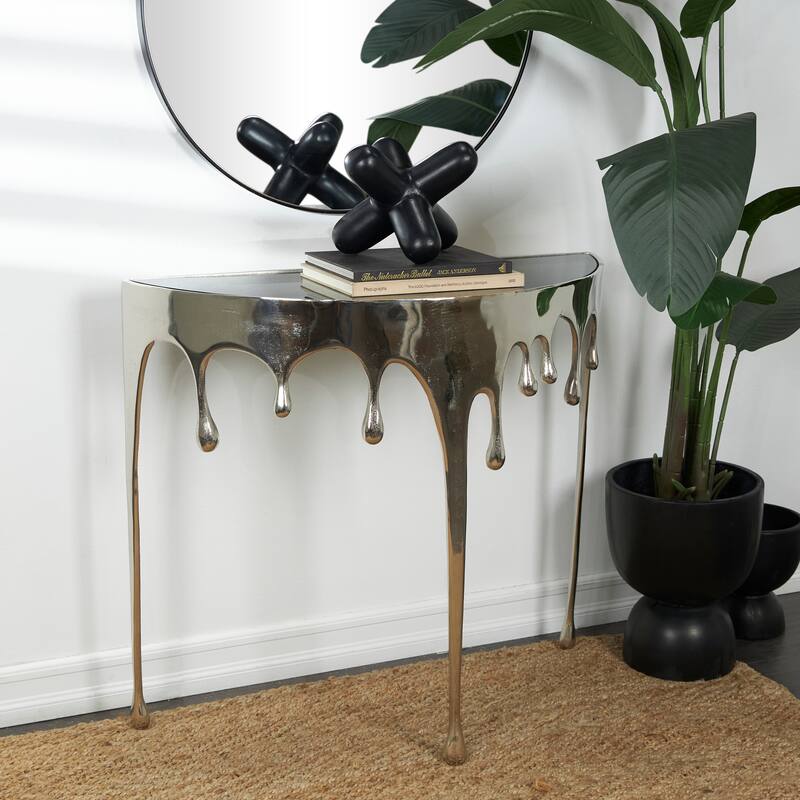 Aluminum Metal Abstract Drip Accent Table with Melting Design and Shaded Glass Top - Roche River Decor