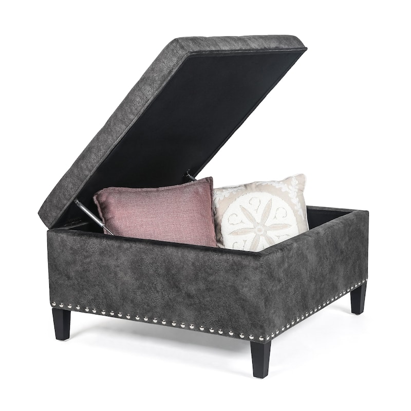 Adeco Large Square Footstool Fabric Storage Ottoman Bench - Dark Grey
