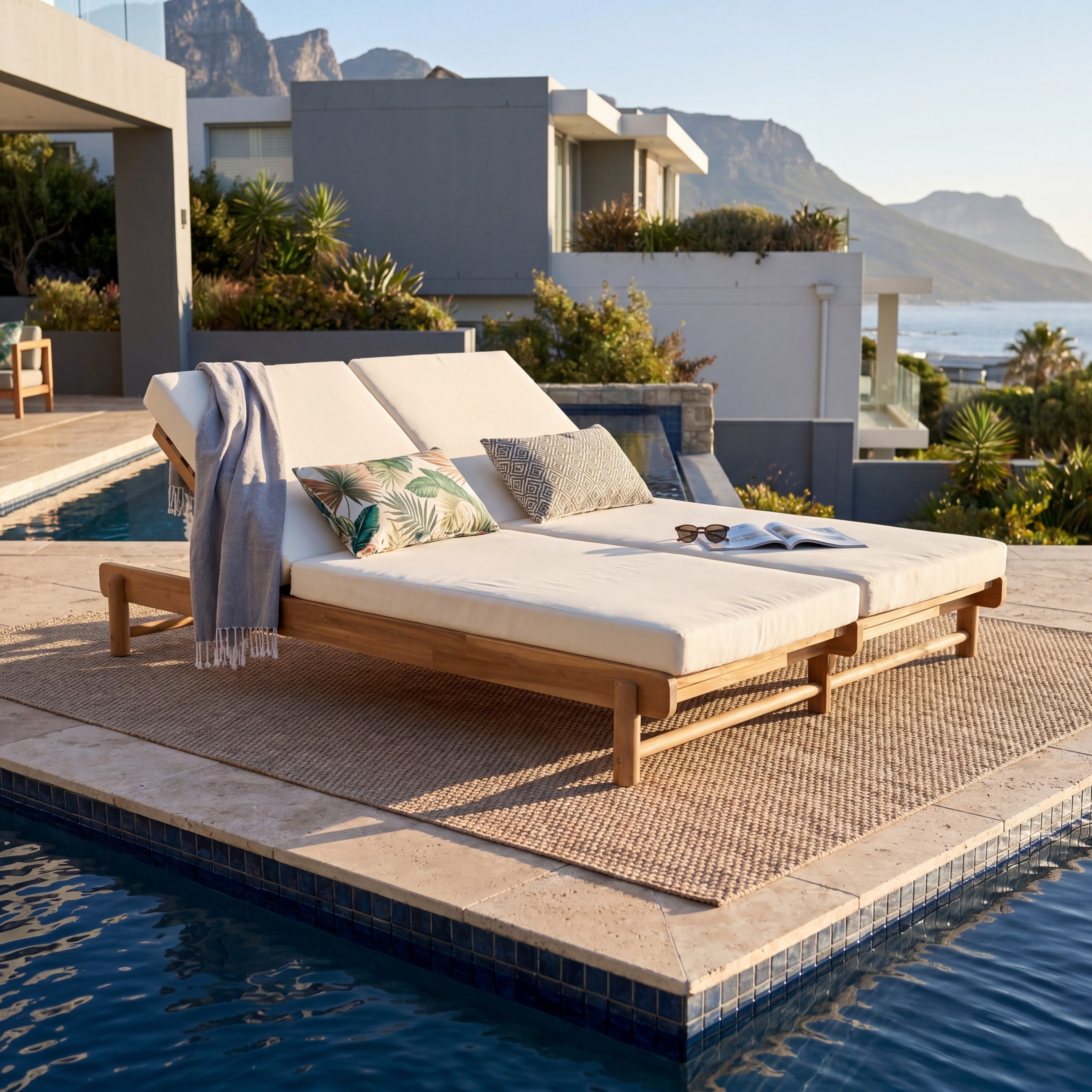 Christopher Knight Home - Double Outdoor Chaise Lounge Solid Acacia Wood with Adjustable Backrests and Removable Cushions