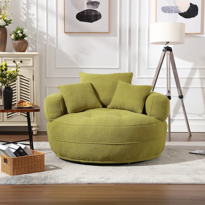 Boucle Upholstered Tufted Barrel Accent Living Room Chair With Toss Pillows - Olive Green+Rotate Base