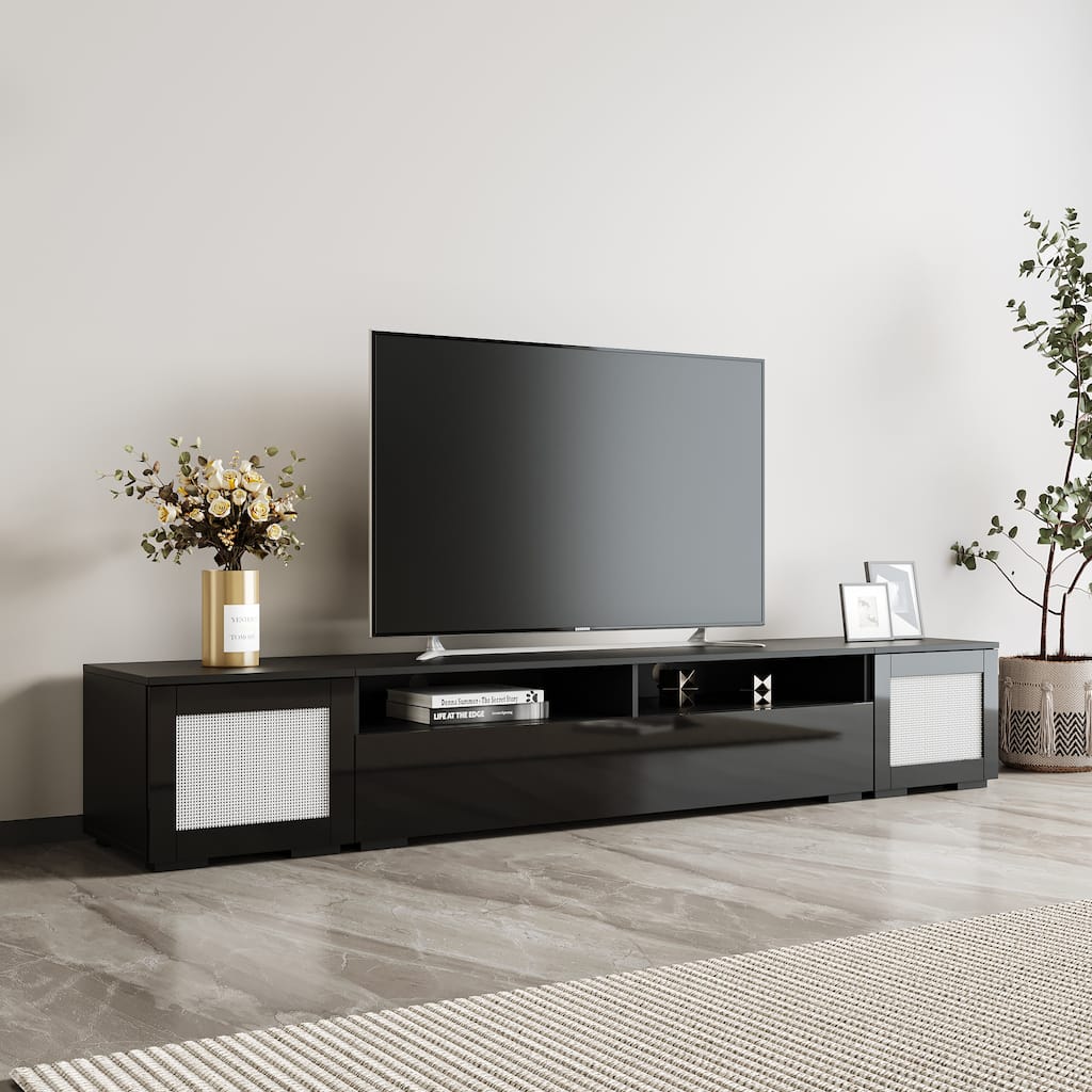 82.6" TV Console Table, Wood Entertainment Center with Push to Open Doors, LED TV Stand with Open Storage for Home Theatre