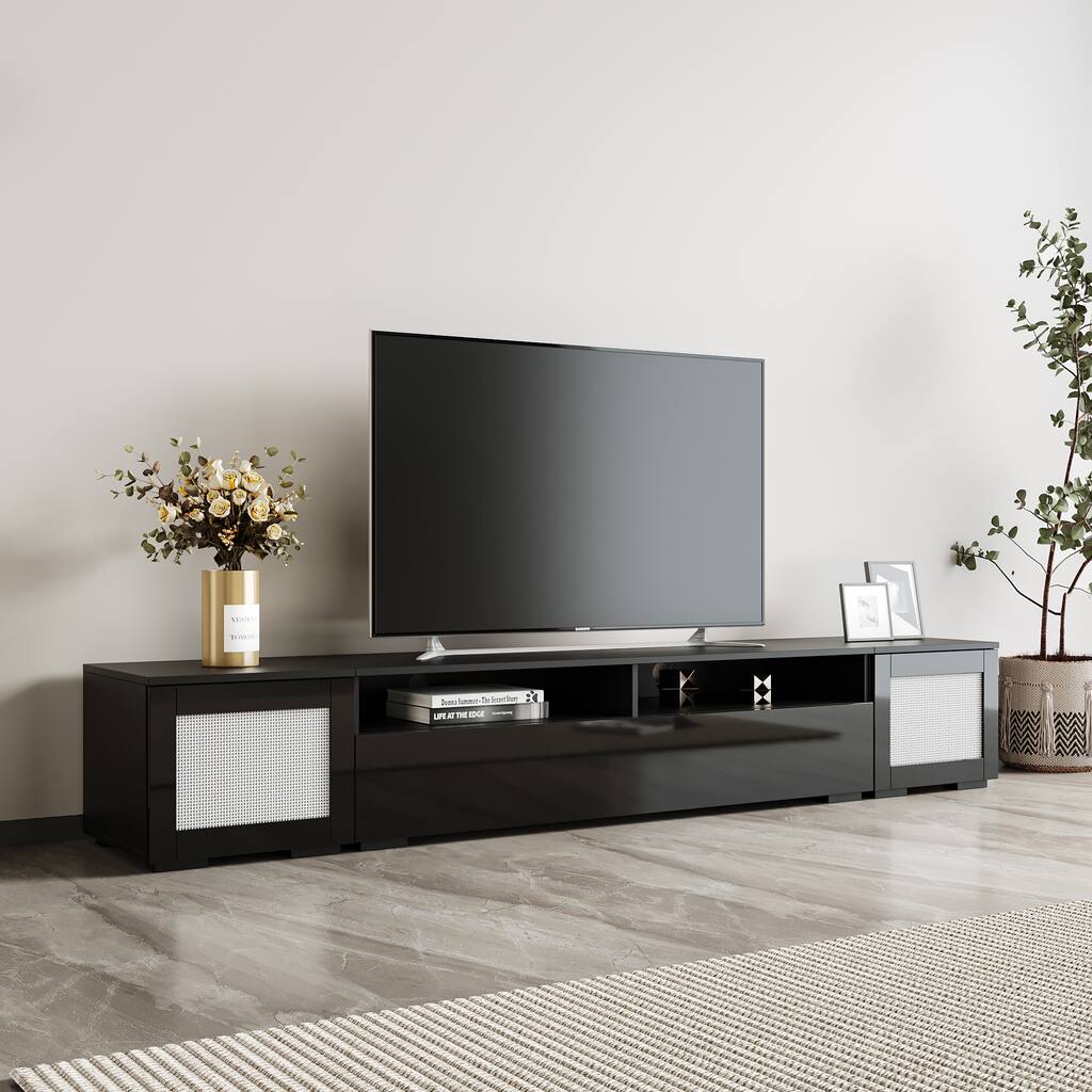 Black 82.6" TV Stand with Push-Open Doors & LED for 90" TVs