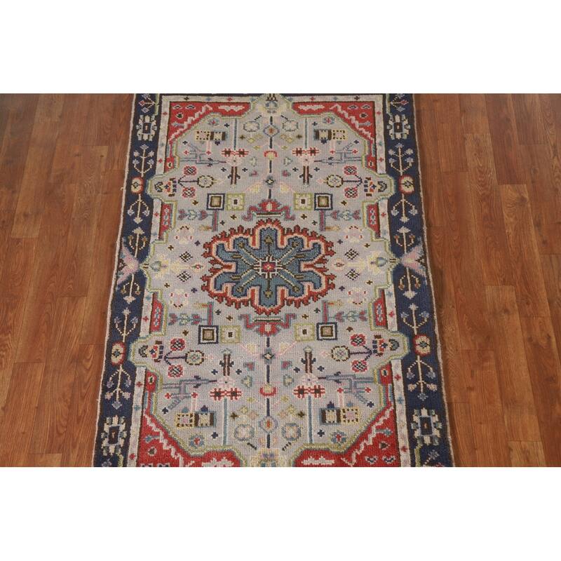 Grey Geometric Kazak Indian Rug Handmade Wool Carpet - 3'0"x 4'10"