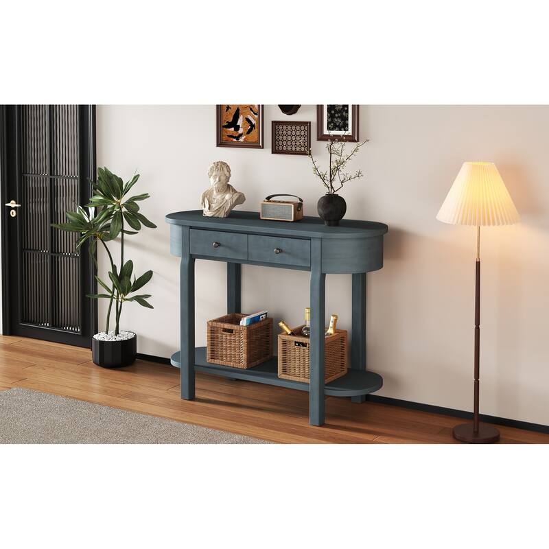Vintage Console Table with 2 Storage Drawers, Open Lower Shelf, and Curved Design for Home Entryway and Hotel